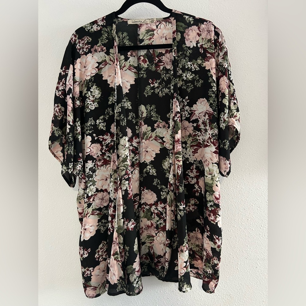 Liberty Love Black Floral Kimono Cover Up with Pink & Green Blooms Size 2XL